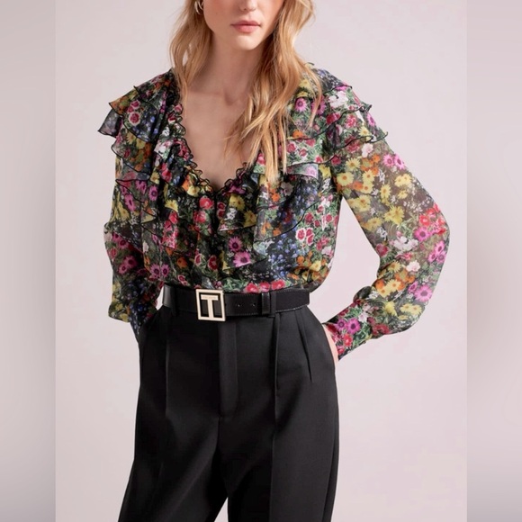 NWT! $195 Ted Baker London Floral Ruffle Blouse Black Floral MulticolorSize S - Picture 5 of 9